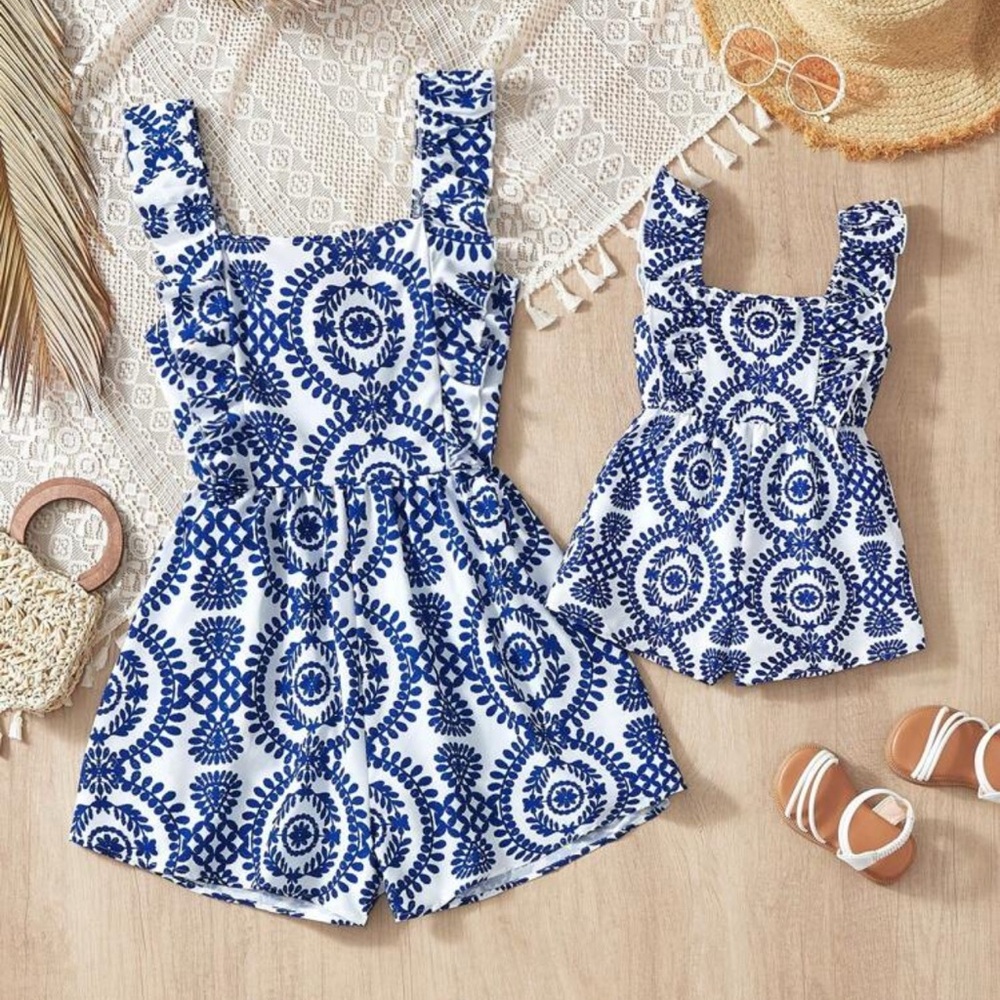 Mommy and Me Matching Blue and White Romper for baby size 12-18M